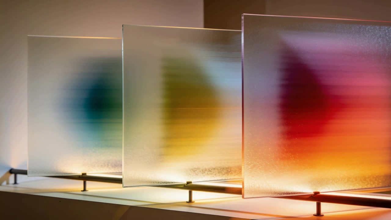 Moving lights sliding behind three frosted glass panels on metal rail in gallery