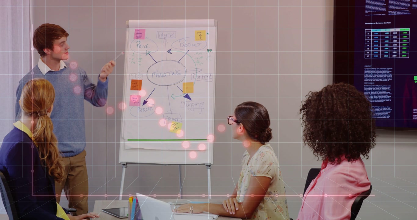 Lead pointing to flipchart and explaining chart in business meeting, woman on right raising hand