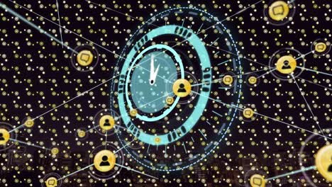 animación de la red de conexión con iconos y reloj sobre el paisaje urbano