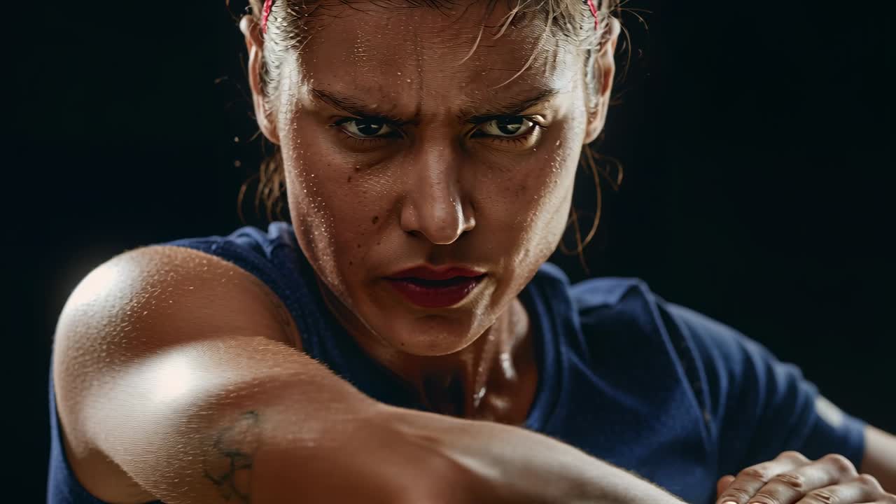 Atleta che aggrotta le sopracciglia, alza il braccio e sferra un jab dritto allenandosi in palestra, con fascia rosa e top blu navy