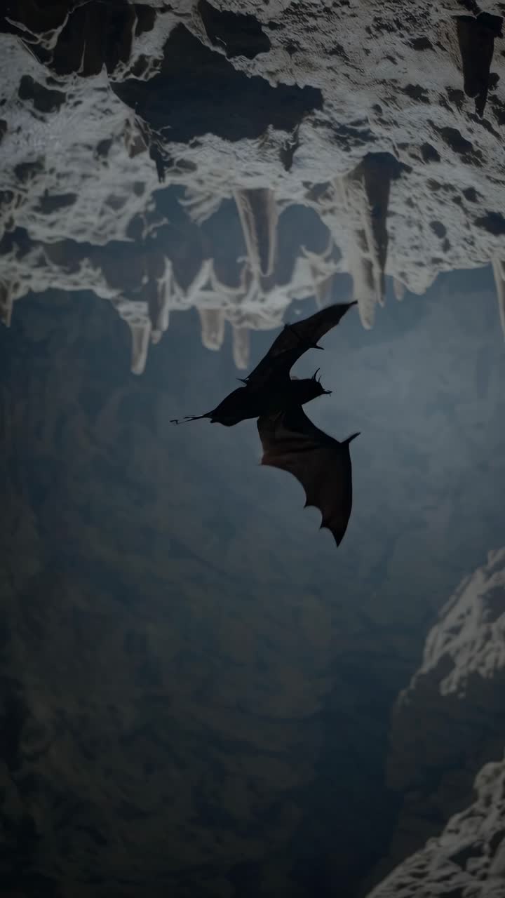 A bat in flight captured from below in a dimly lit cave, highlighting its silhouette