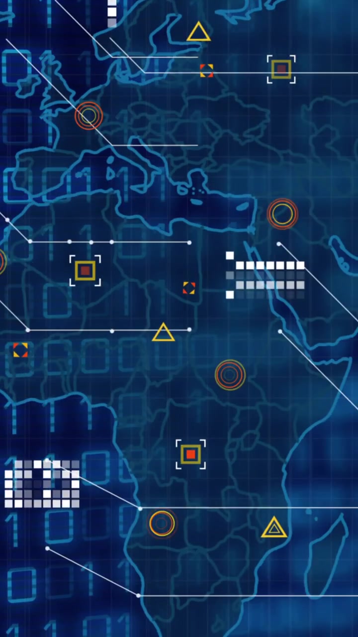 Animation of data processing over blue world map