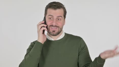 man talking on smartphone, white screen