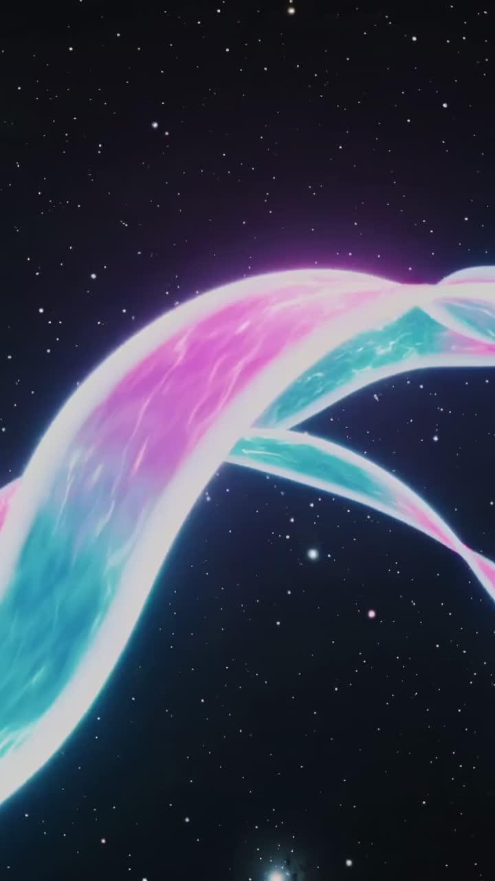 Vertical video: Entering left, glowing ribbons drifting and twisting in starfield showing halo glow