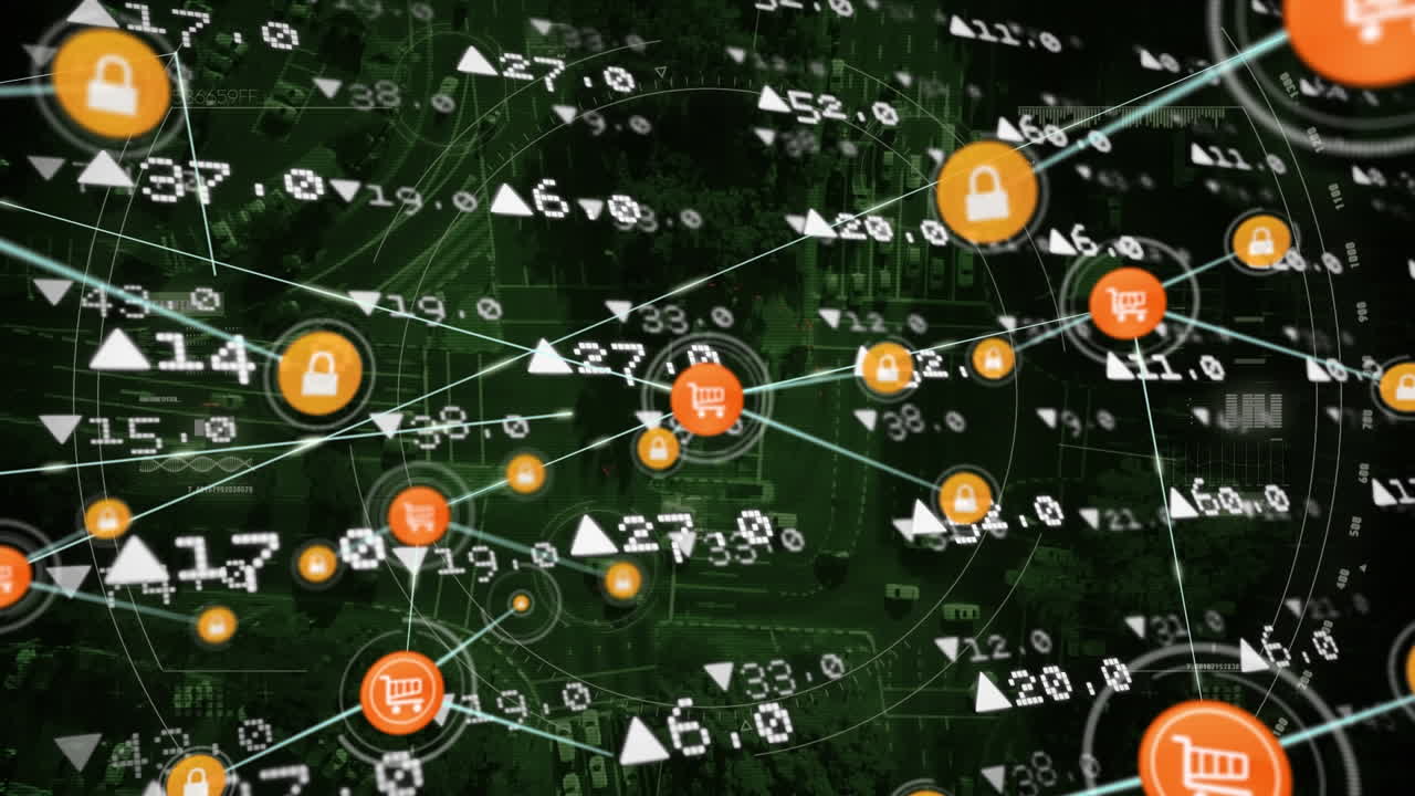 Animazione di connessioni su dati finanziari e grafici su sfondo nero