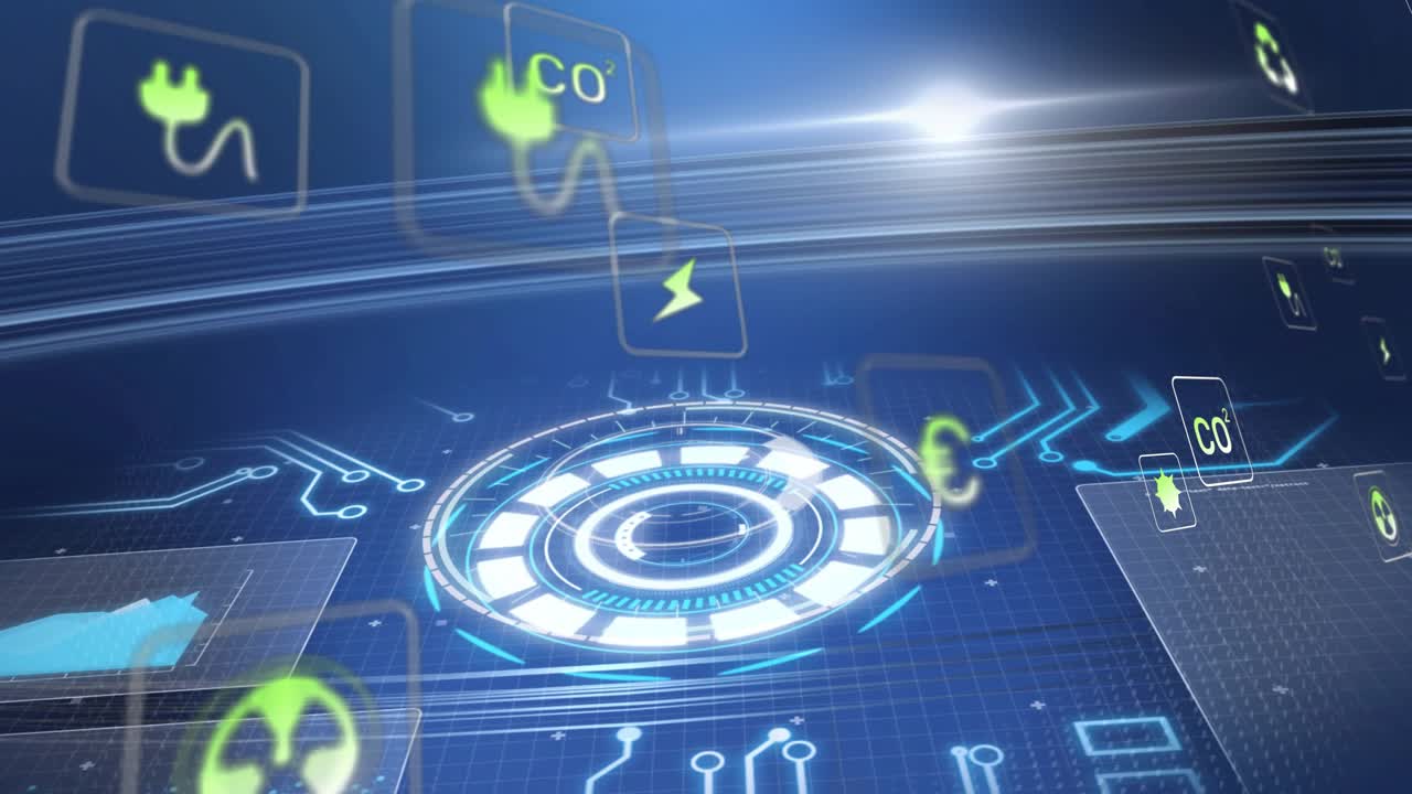 Light beam sweeping grid, platform emerging with energy icons orbiting for showing power flow