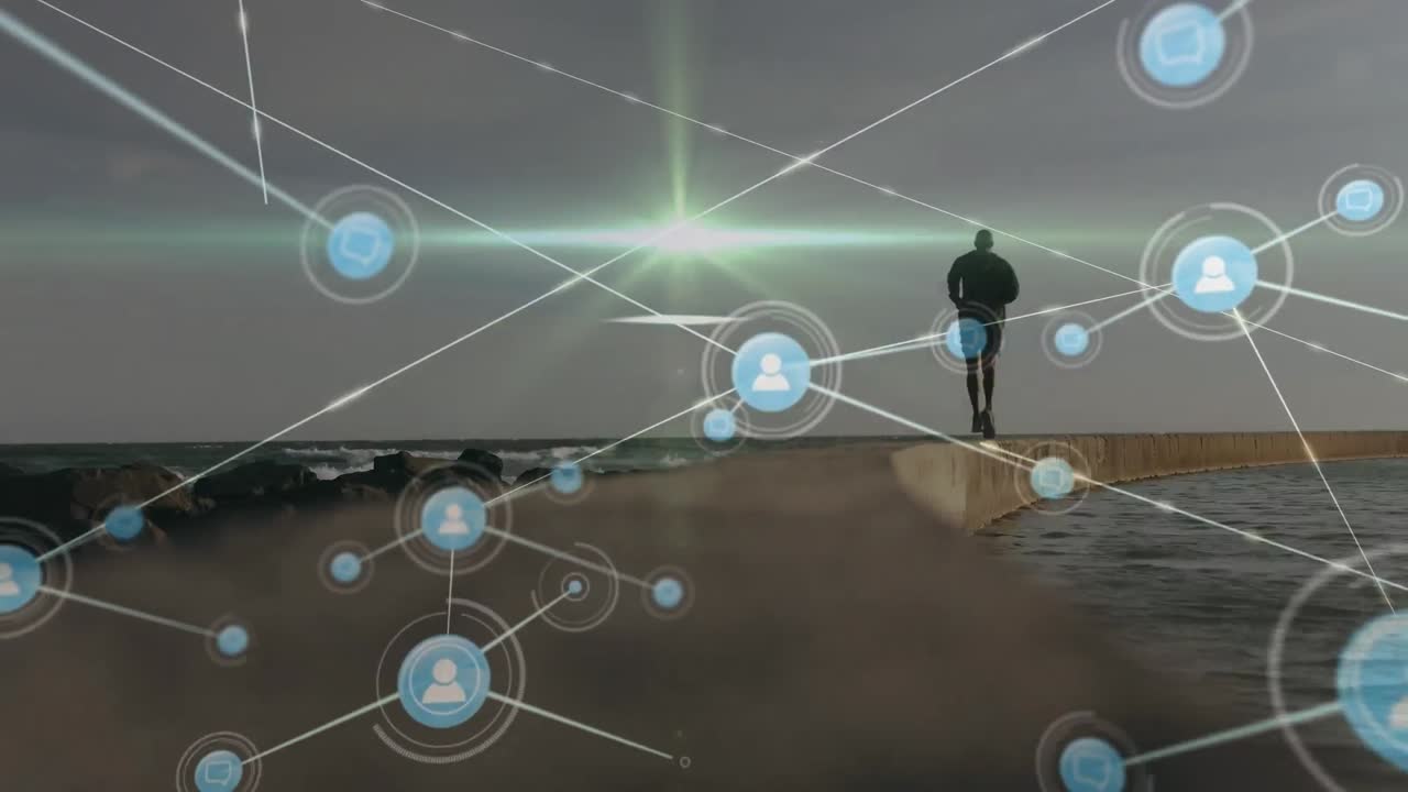 아프리카계 미국인 남성의 달리는 아이콘과 연결된 네트워크의 애니메이션