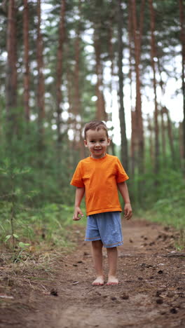 charming male barefoot kid running up to a camera holding pine cones in the forest. kid approaches and throws the cones ahead. happy fun time outdoors in the nature. low angle view. vertical video.