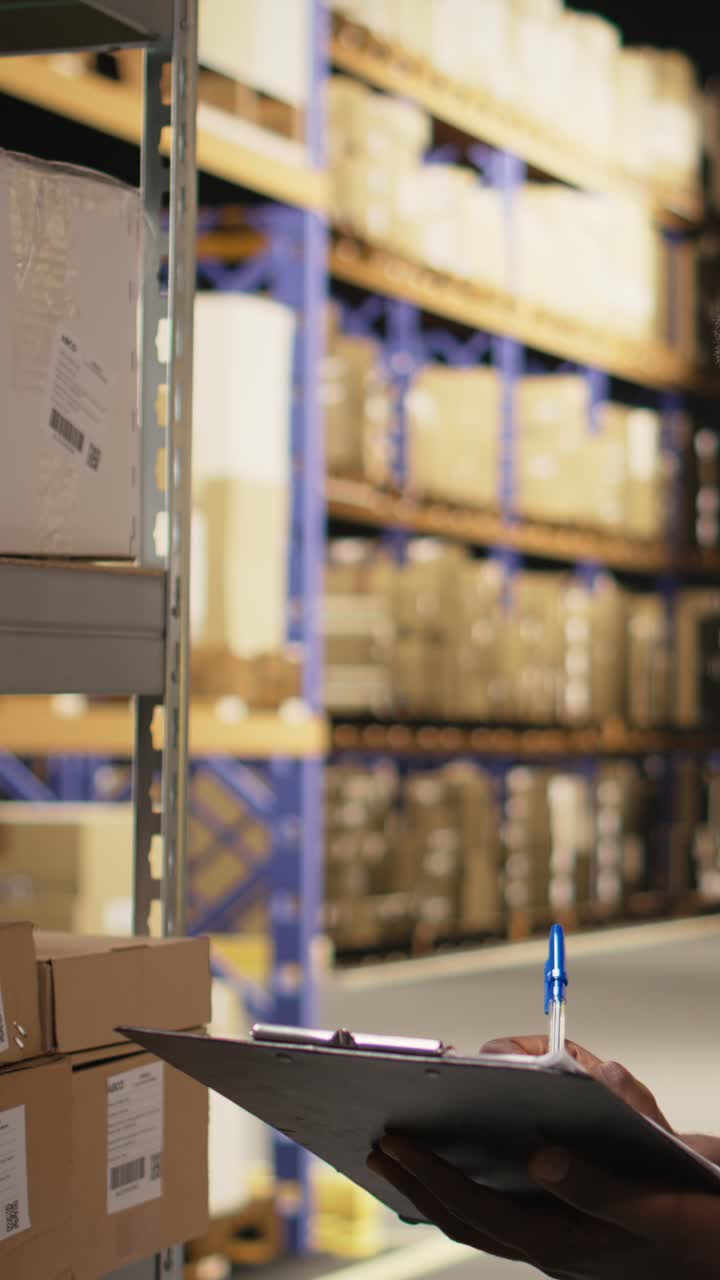 Vertical Video Male staff member applying adhesive shipping labels on boxes in industrial depot