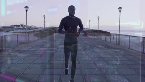 jogging on boardwalk, man with digital data overlay animation in background
