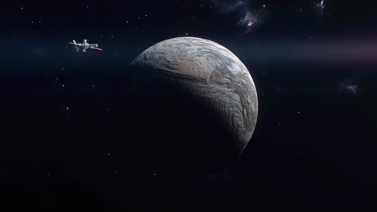 Pesawat ruang angkasa logam kecil dengan panel surya oranye mengapung di samping planet es besar berkawah, dengan cahaya terminator yang kuat, nebula jauh, dan medan bintang membentuk pemandangan luar angkasa dalam yang dramatis.
