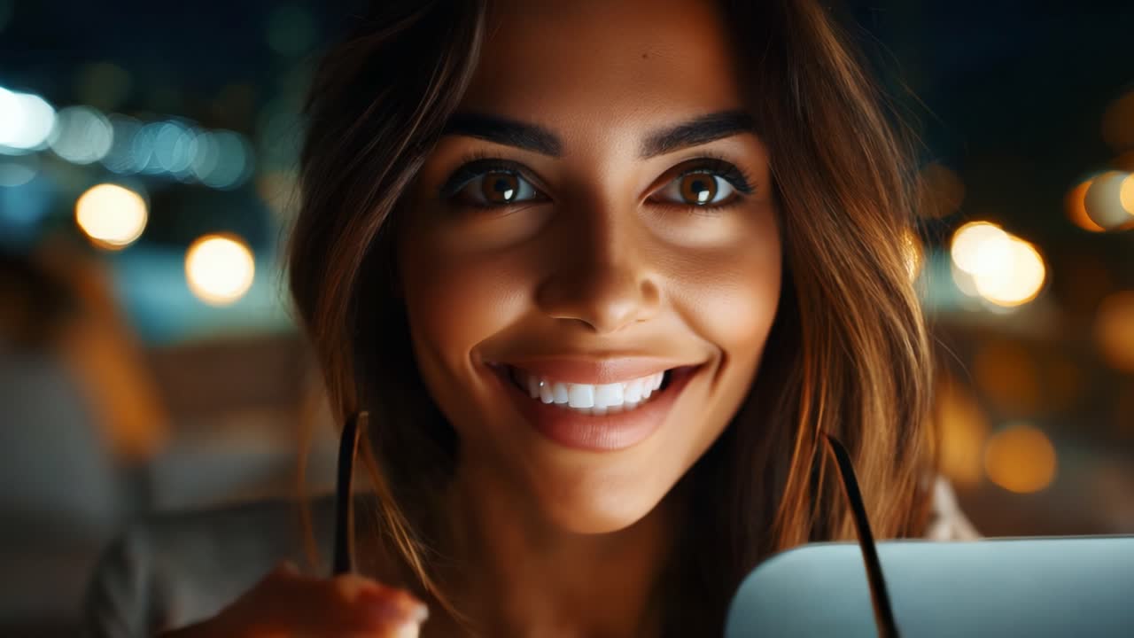 A woman joyfully showcases her glasses, highlighting the beauty of her smile and the sparkling lights in the background, creating a warm and inviting nighttime ambiance