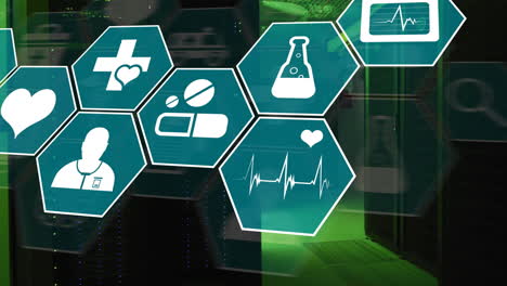 animation of medical icons and data processing over computer servers