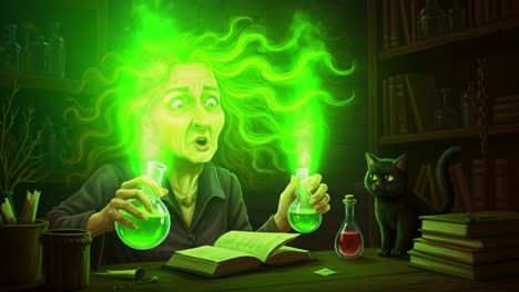 a frightening alchemist experiments in her dimly lit laboratory, struggling with enigmatic potions and awash in green energy while a watchful black cat observes her every move