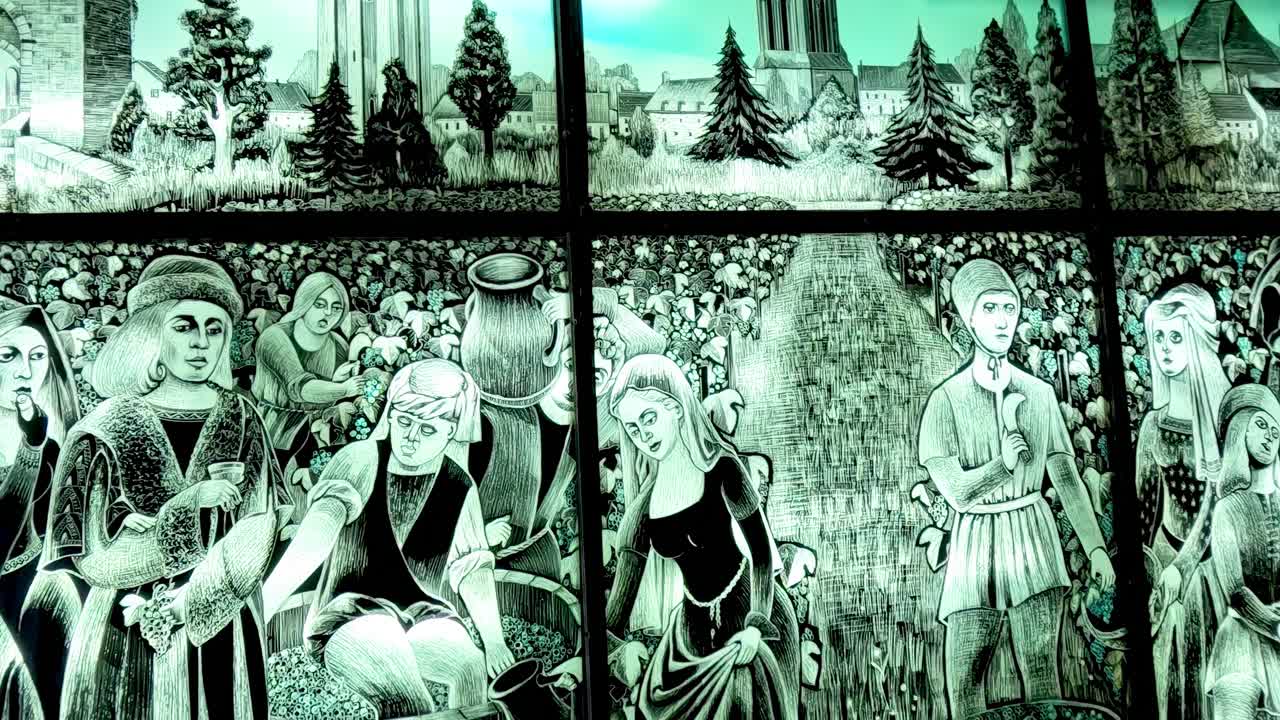 Detailed stained glass showing medieval figures engaged in grape harvesting amidst a lush landscape.