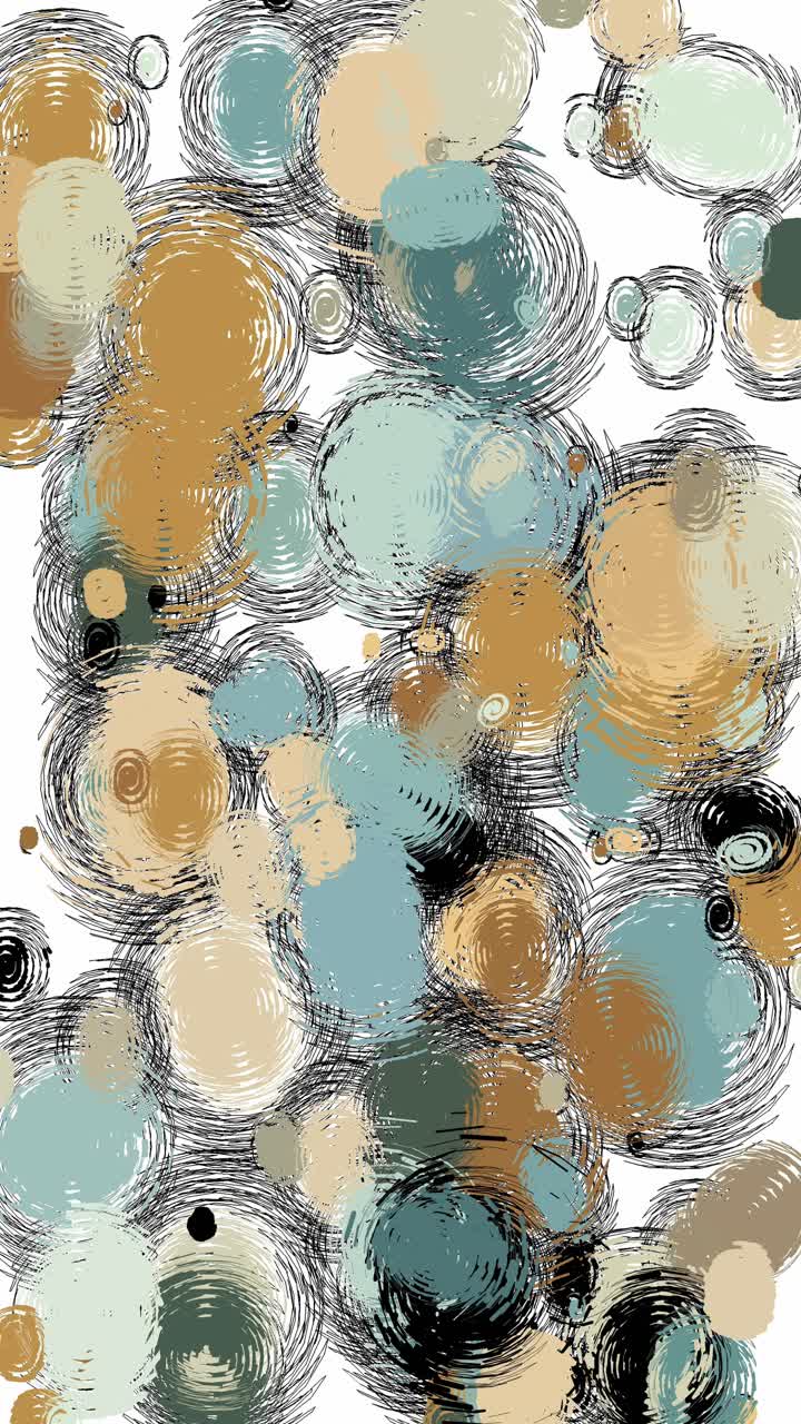 Vertical abstract animation featuring colorful swirling circles and dots moving dynamically on white background