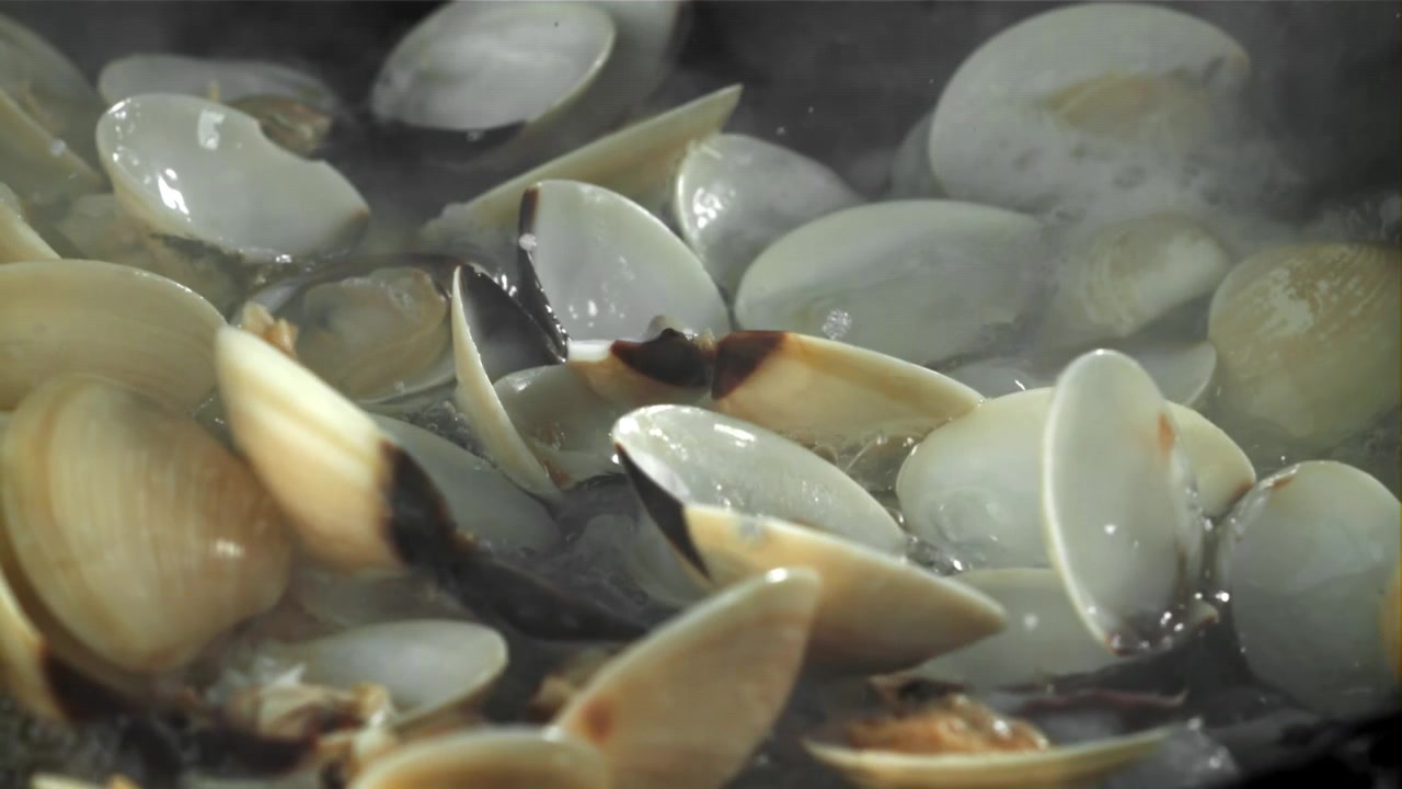 Fresh Clams Cooking and Opening in Boiling Water