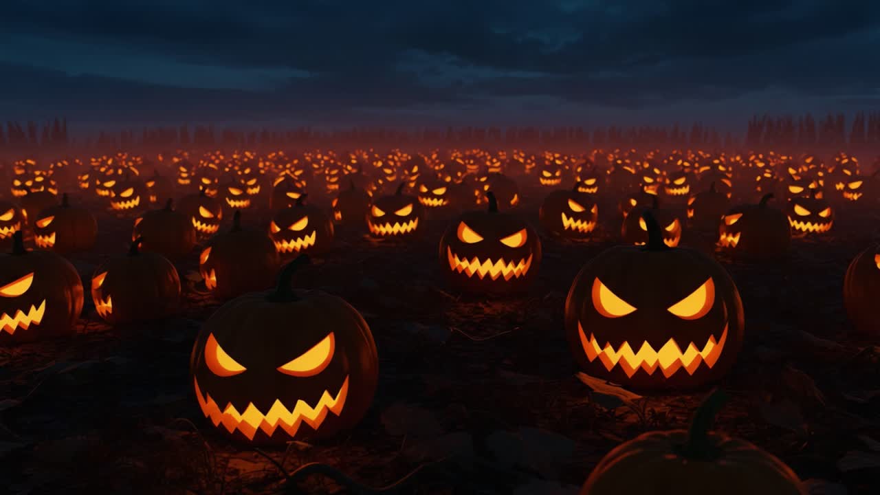 A Captivating Field of Glowing Jack-o'-Lanterns Illuminates the Night Sky, Creating a Spooky Ambiance Perfect for Halloween Celebrations and Festivities