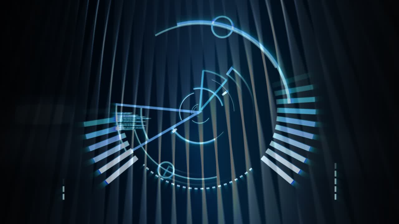 En svag cyan cirkel dukker op, holografisk interface udfolder sig og roterer, viser systemstatus