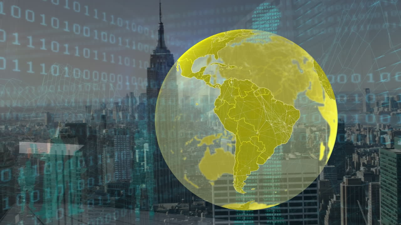 Animação de globo sobre processamento de dados e paisagem urbana