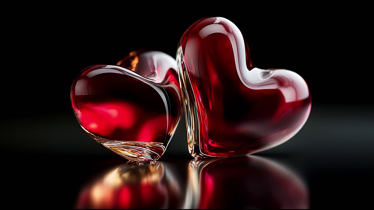 Elegant Transparent Glass Hearts in Rich Red Tones Reflecting Light Against a Dark Background, Symbolizing Love, Emotion, and Affection for Romantic Themes and Expressions