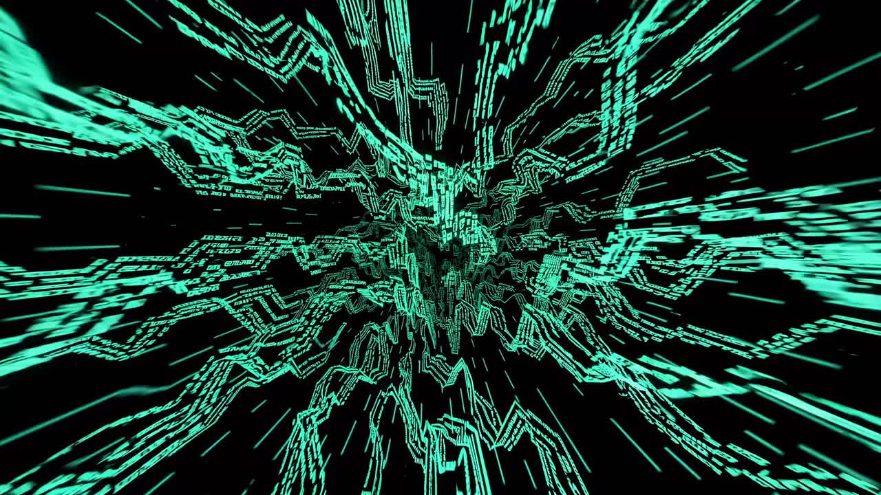 Futuristic digital tunnel with neon green lines converging at the center