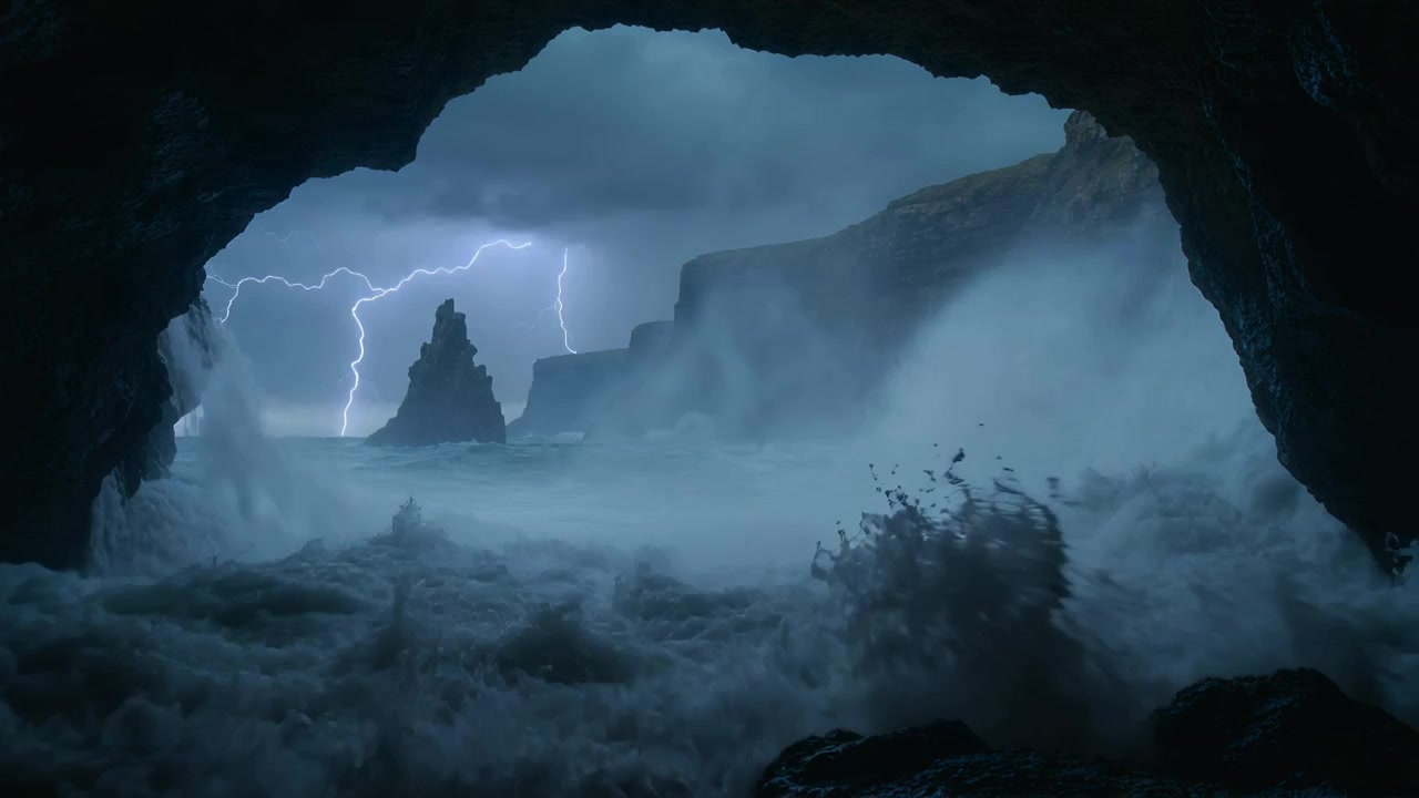 Onde di tempesta che si infrangono all'interno dell'imboccatura di una grotta marina a causa del moto ondoso, con fulmini che illuminano da dietro spruzzi e nebbia