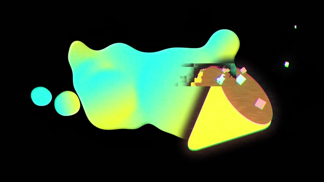 Digital animation of party popper icon over abstract gradient wave shape on black background