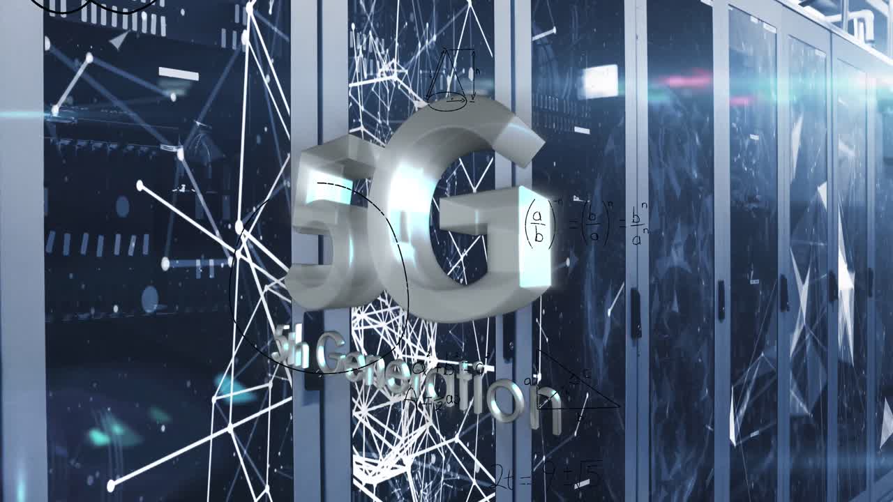 animación de texto 5g, ecuaciones matemáticas y procesamiento de datos a través de servidores informáticos
