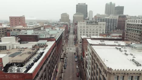 Low-aerial-dolly-forward-over-Washington-Avenue-towards-downtown-St