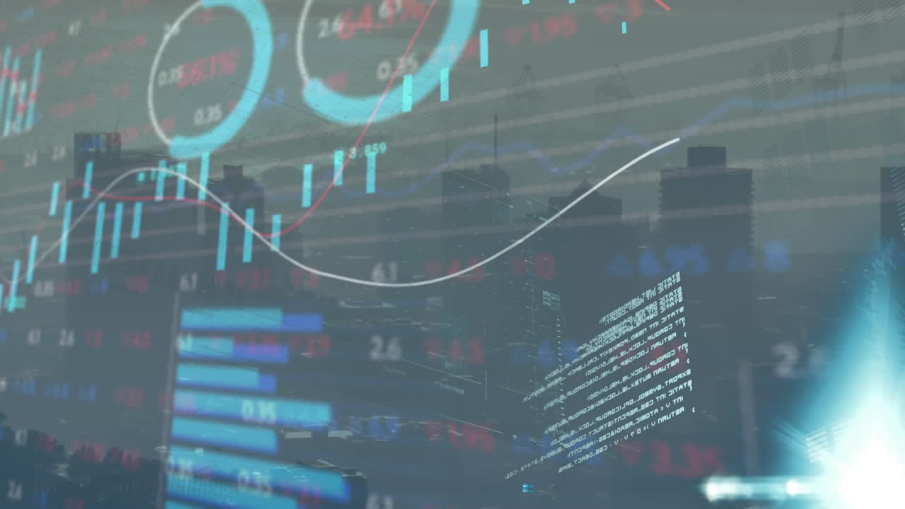Animation of statistics and financial data processing over grid and cityscape