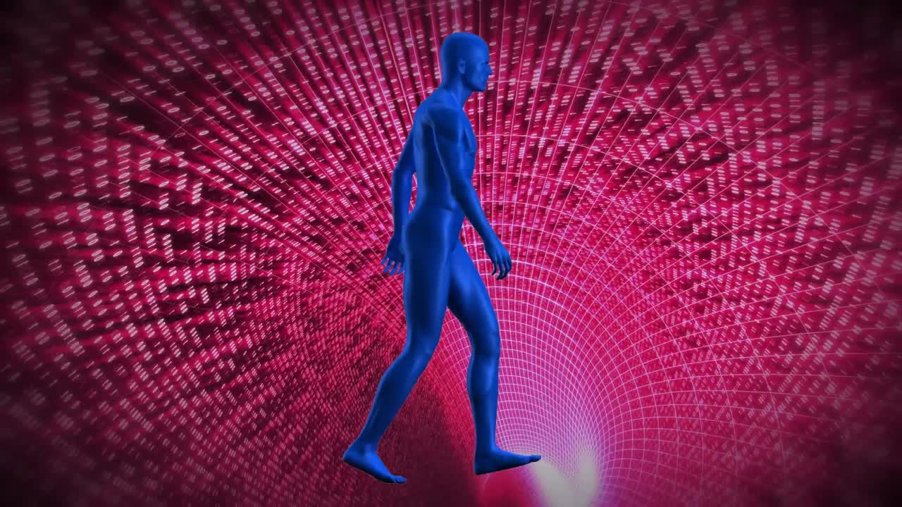 animación de un humano caminando por un túnel digital