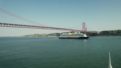 cruise ship under the 25 de abril bridge in lisbon