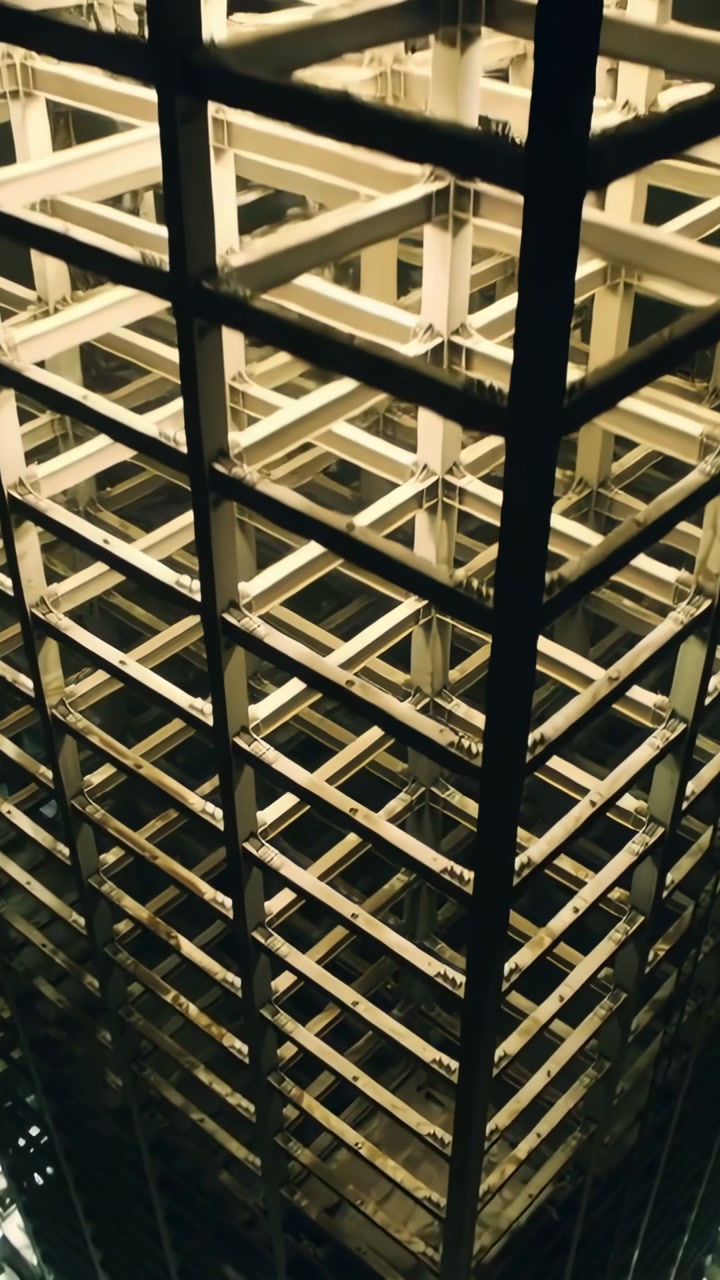 Vertical video: Tilting camera revealing bare steel corner at urban site for detail on beams joints