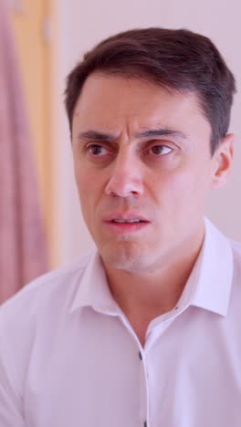 sad businessman looking at mirror while getting dressed in bathroom