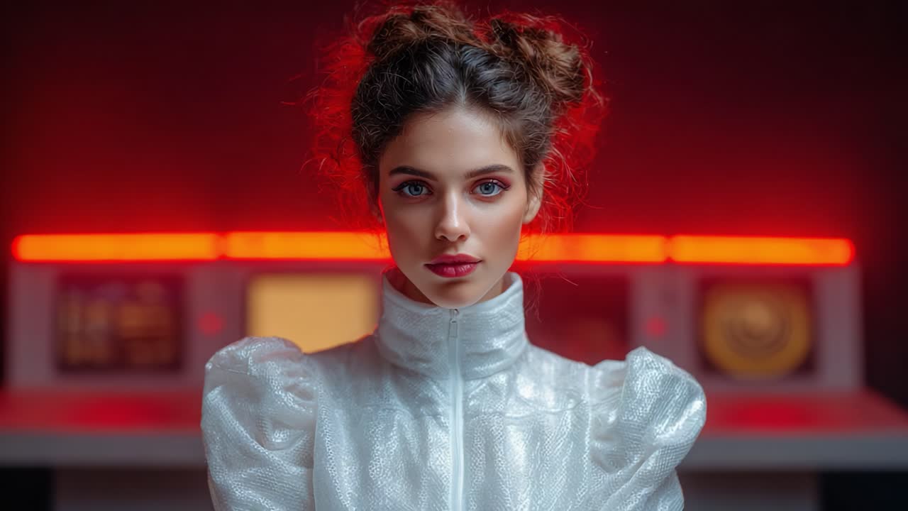 A captivating journey through time, featuring a mesmerizing figure in a futuristic, shimmering outfit that reflects a blend of elegance and technological innovation