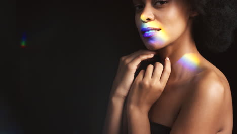 rainbow skin, lgbtq and black woman portrait