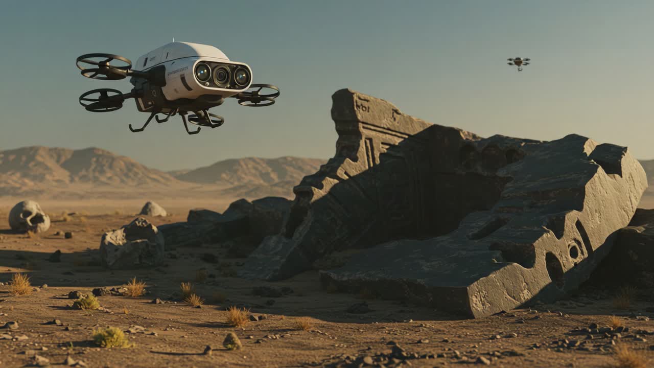 Exploring the Ruins: A Drone Navigates an Ancient Landscape with Arid Terrain and Mystical Structures Under a Vast Sky