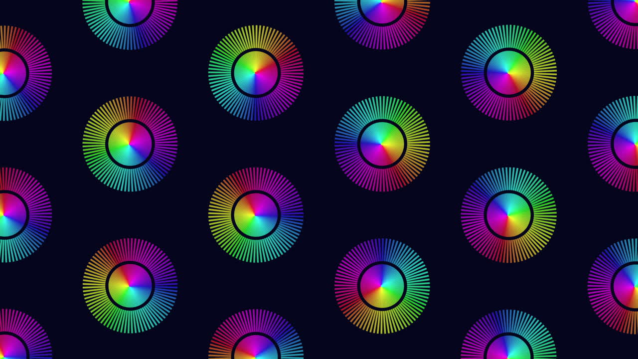 Abstracto sin fisuras de círculos de gradiente radial giratorios y coloridos sobre un fondo oscuro, creando un patrón hipnótico vibrante ideal para videos musicales, visualizaciones, gráficos en movimiento, bucles VJ