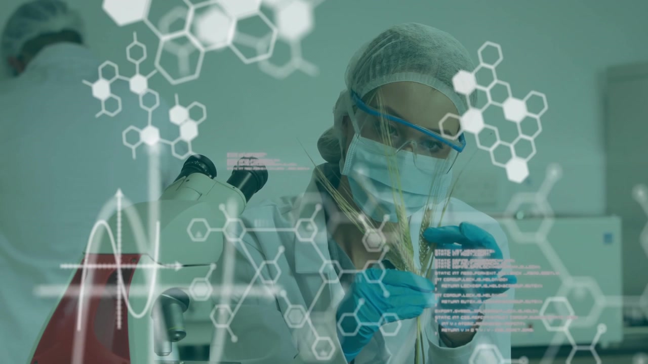 Animación de procesamiento de datos científicos sobre científica caucásica en laboratorio