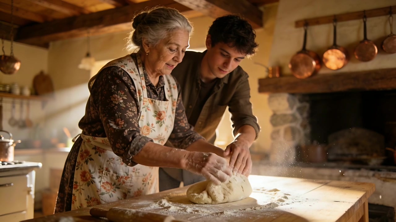 Babcia w kwiecistej sukience i fartuchu ugniatająca ciasto, ucząca wnuka po dotknięciu ciasta przy rustykalnym stole.