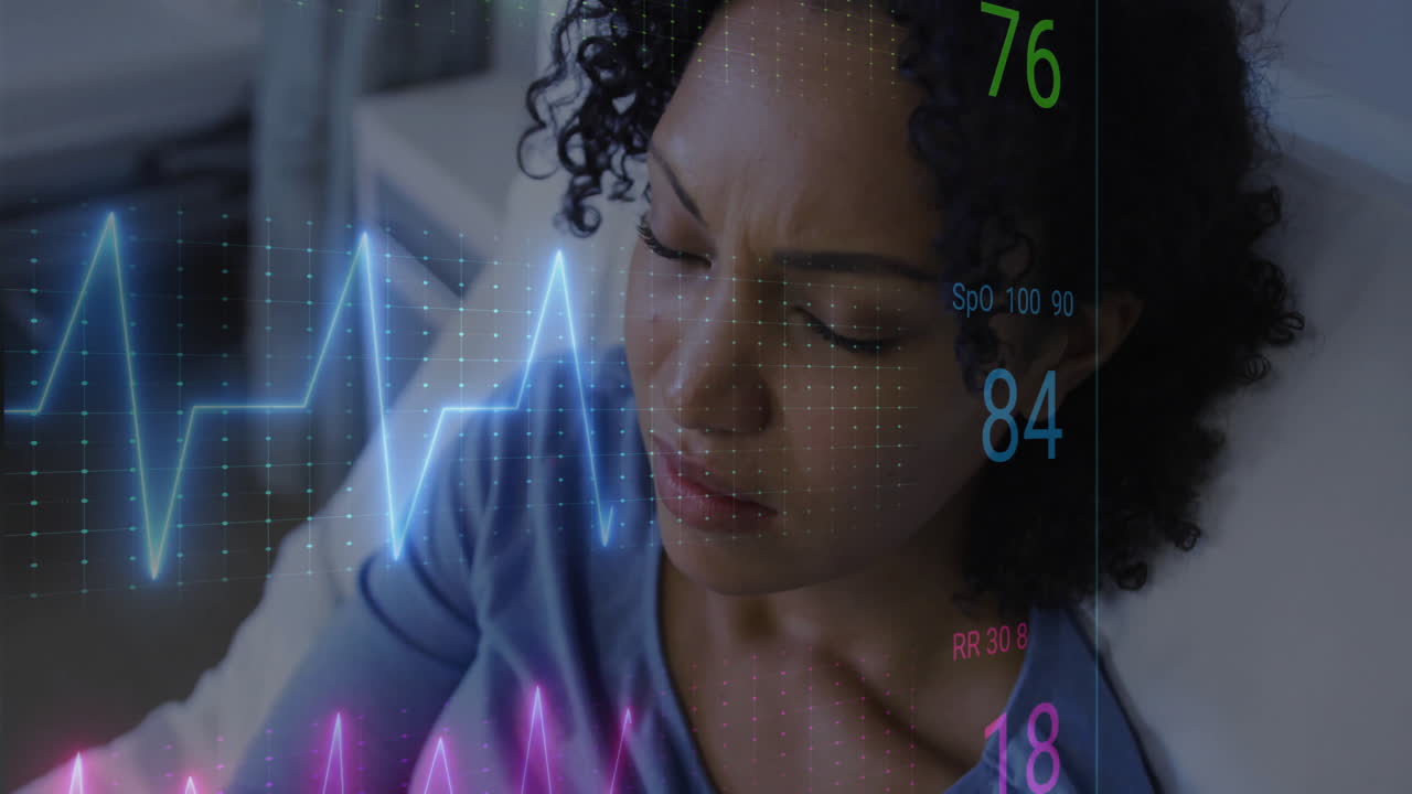 Medical data animation over woman looking concerned in hospital bed