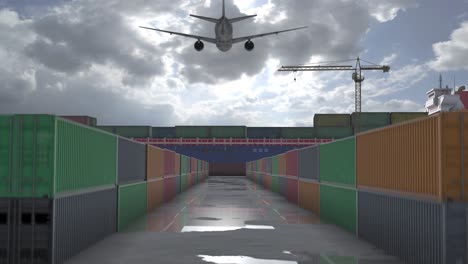 Cargo Ship and Airplane at Port with Rain
