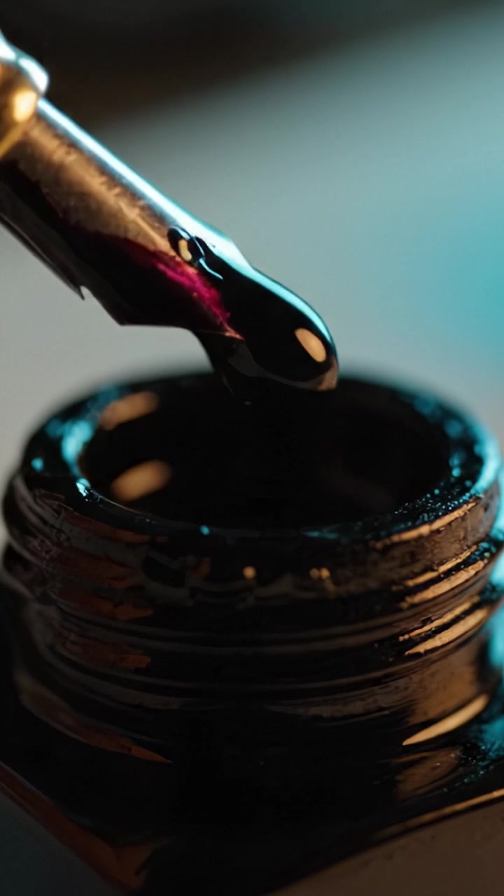 Close-Up of a Fountain Pen Nib Dripping Black Ink into a Glossy Ink Bottle Capturing the Elegance and Crafts of Writing Tools and Creative Expression