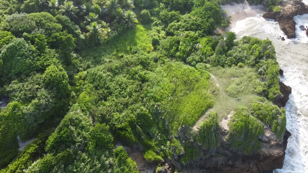 dron de la playa de tambaba volando a través de la playa tropical y el paisaje de la ladera