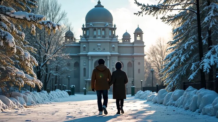ein paar geht in einem schneebedeckten park an einem tempel entlang