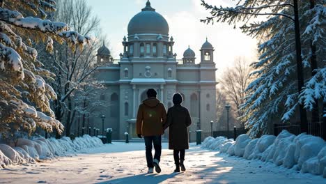 couple walking in a snowy park by a temple