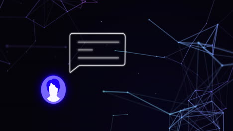 animación de constelaciones y alerta de redes sociales con icono de usuario sobre fondo negro