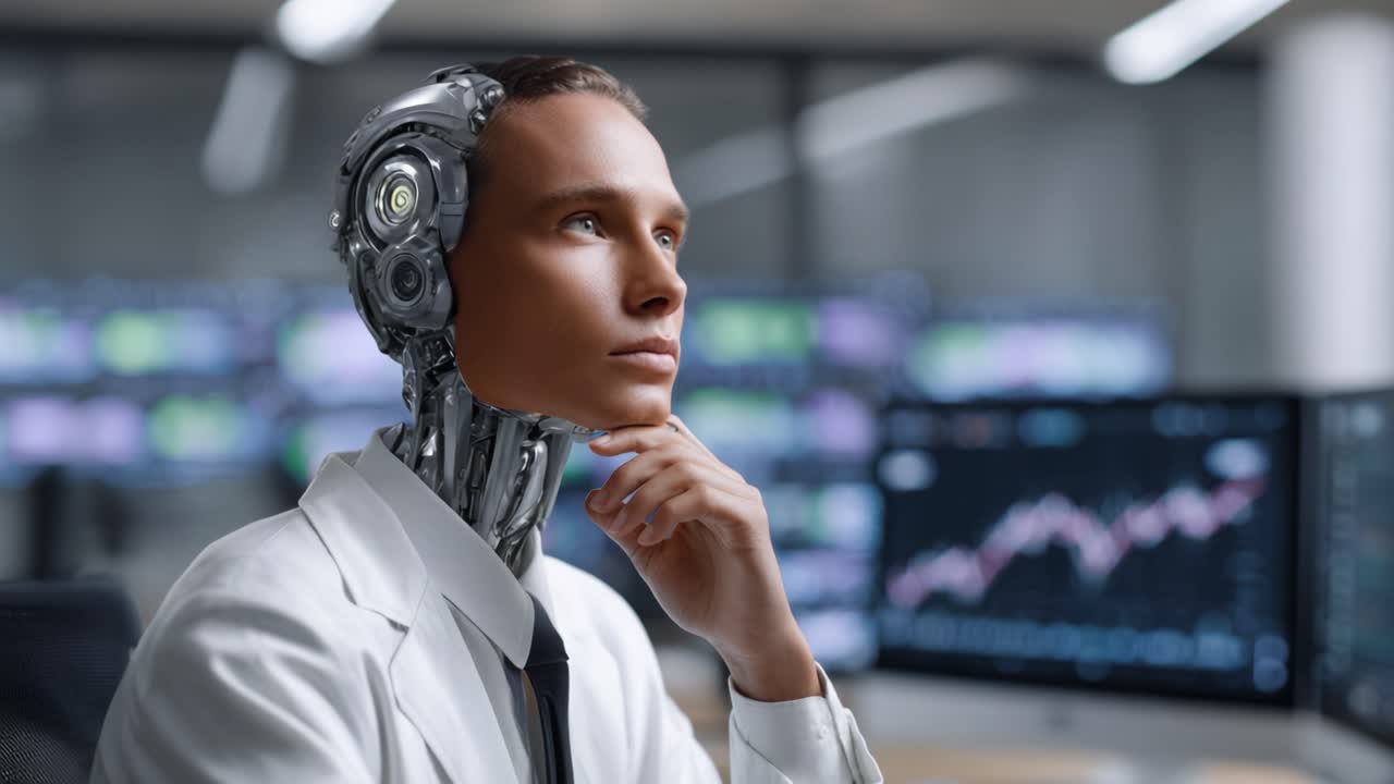 Futuristic humanoid robot in a modern office deep in thought, analyzing data on screens with stock market trends and complex algorithms, blending technology and intelligence