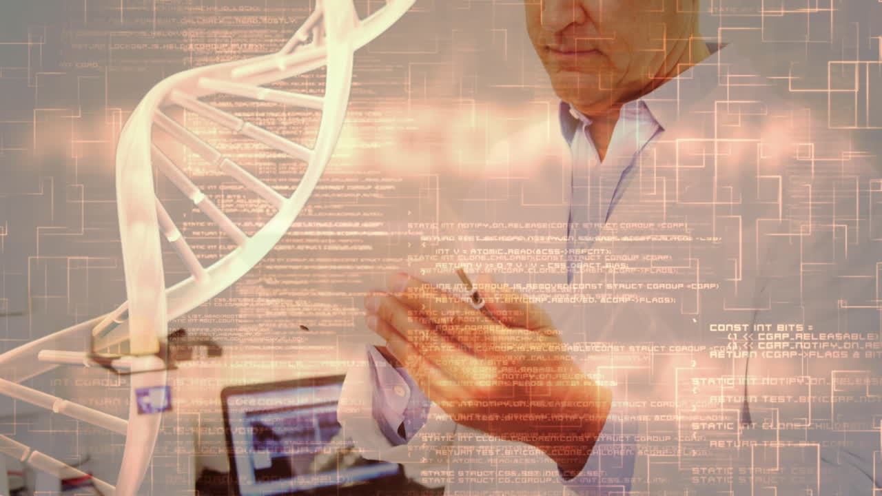 태블릿을 사용하는 백인 남성 의사에 대한 dna 가닥 회전 및 의료 데이터 처리 애니메이션